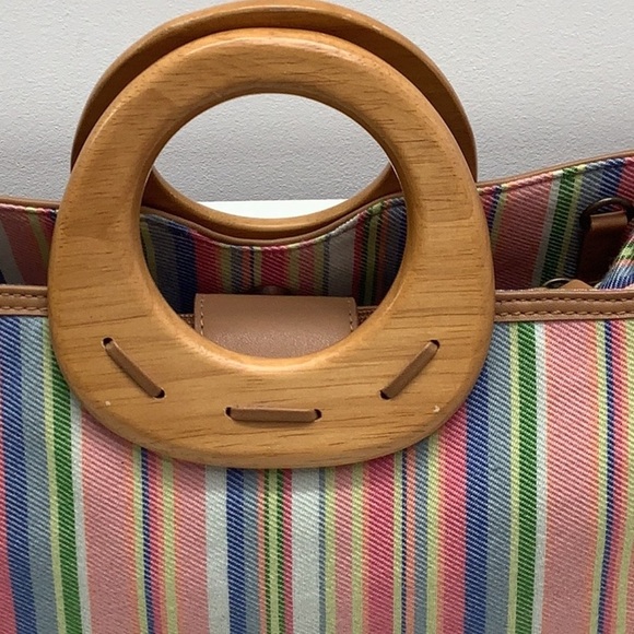 Fossil striped clothe handbag with wood handles Preowned - Picture 4 of 9